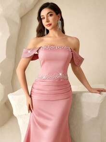 Coutiva Women's Tube Front Beaded + Rhinestone Embellished Bustier Formal Evening Gown (Heavy Workmanship Style) - Pink - View 8