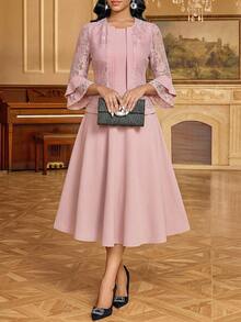 SHEIN Lady طقم نسائي أنيق للحفلات من قطعتين بلون موحد، ملابس علوية دانتيل وفستان - وردي - مشاهدة 1