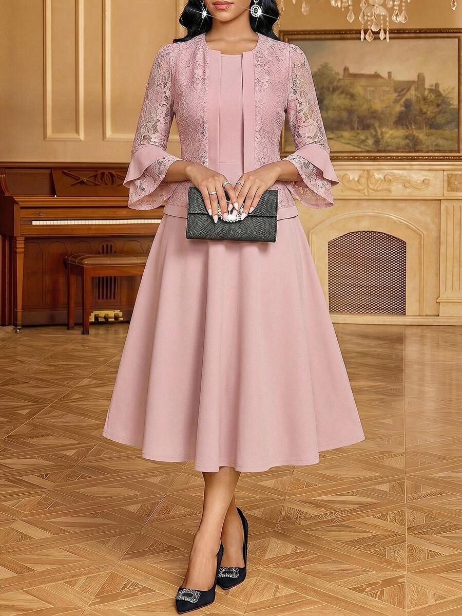 SHEIN Lady طقم نسائي أنيق للحفلات من قطعتين بلون موحد، ملابس علوية دانتيل وفستان - وردي - مشاهدة 1