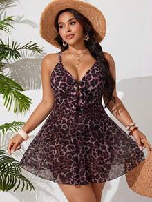 SHEIN Swim Curve 大尺碼女款夏季海灘豹紋前打結細肩帶一件式泳衣 - 彩色 - 查看 5