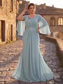 Serin Plus Size Elegant Luxurious Romantic Blue Sequin Patchwork Sequins Rhinestone Flutter Sleeve Chiffon Ruched A-Line Wedding Event Bachelorette Party Vacation Prom Evening Gown (Intricate Design) - Baby Blue - View 6