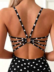 Swim Basics Women's Polka Dot Print Backless Halter One-Piece Swimsuit - Multicolor - View 3