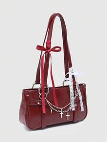 ROMWE Women's Vintage Gothic Cross Chain Detail Fashion Niche Design, Steampunk, Cool Street, Music Festival, Rock Style Bag, School, Fancy Party Halloween - dark red - View 3