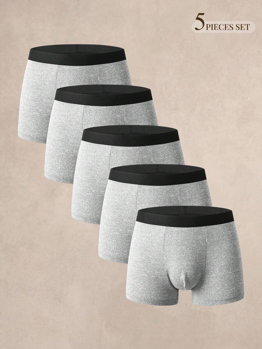 SHEIN Men's Underwear 5‑Pcs Marled Plain Boxer Briefs Set, Simple Daily Intimate Wear - Light Grey - View 1