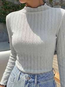 FRIFUL Women's Casual Textured Lettuce Hem Long Sleeve T-Shirt, Autumn - Baby Blue - View 7