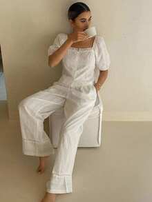 DAZY 2pcs/Set Textured Fabric Puff Sleeve Blouse & Straight Long Pajama Pants Summer Women's Sleepwear Set - White - View 9