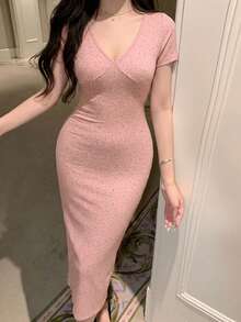 DAZY V領碎花修身女款睡裙家居服 夏款睡衣連身裙 - 粉色 - 查看 4