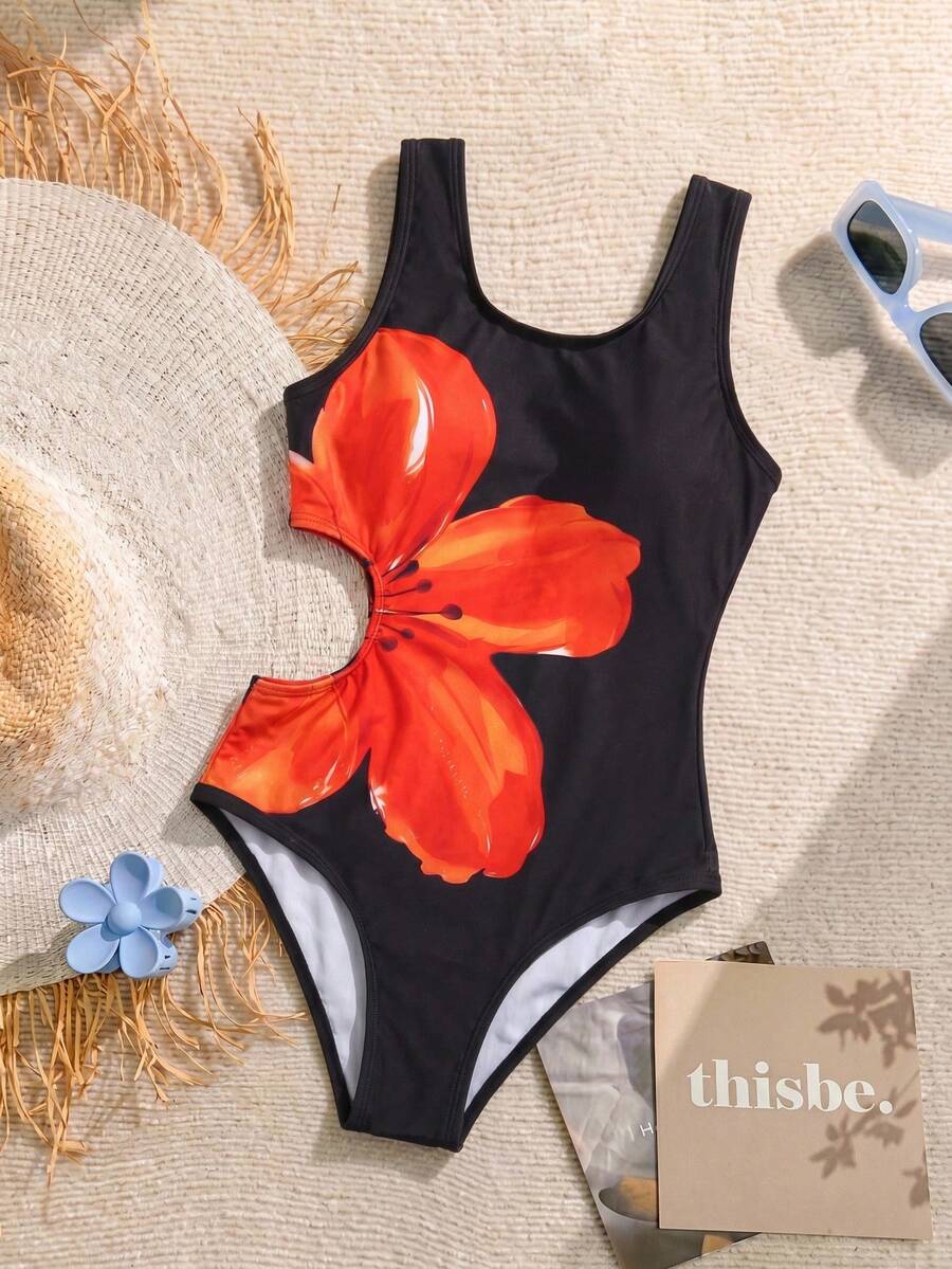 SHEIN 少女黑白撞色花卉拼接连体泳衣，可爱休闲日常海滩度假泳装
