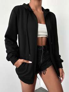 EURMUSE Plus Size 100Cotton Solid Zip Up Drawstring Sweatshirt Dates Office Black Summer Simple Normal - Black - View 3