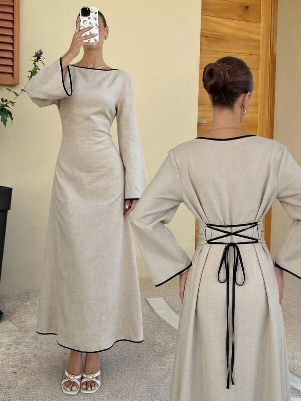 Siren Gaze Minimalist Linen Tie-Waist Dress | Color-Block . Flared Long Sleeves . Tie-Waist . A-Line Hem | Casual | Spring/Autumn Style