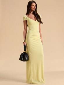 SHEIN BAE Pale Yellow Solid Color Sweetheart Neck Short Sleeve Backless Fitted Maxi Knit Dress, Elegant Dress, Summer Cocktail - Yellow - View 3