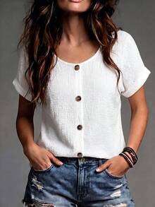 SHEIN Solid White U-Neck Short Sleeve Blouse, Textured Fabric Top With Decorative Button Front For Women Brunch Summer Casual - White - View 7