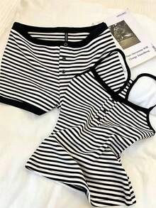 Resyla Women's Casual Striped Heart Embroidery Contrast Color Camisole Top And Shorts 2-Piece Set - Black and White - View 1