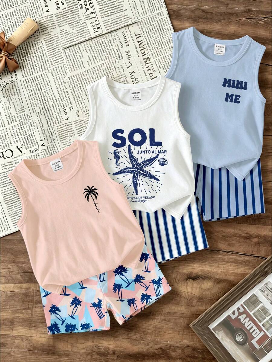 Souflis Souflis 3 Sets Baby Boy Outfit Set, Fashionable & Simple Coconut Tree Print Tank Top Paired With Contrast Pattern Coconut Tree Print Shorts - Multicolor - View 1