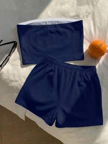 Comfortcana 休閒簡約優雅通勤百搭保暖女裝通勤套裝、海灘度假穿搭、夏季女裝兩件組抹胸上衣與短褲套裝 - 藏蓝色 - 查看 2