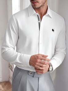 Core Aspect Men's Solid Color Placket Woven Tape Design Chest Print Casual Business Slim Fit Long Sleeve Shirt - White - View 3
