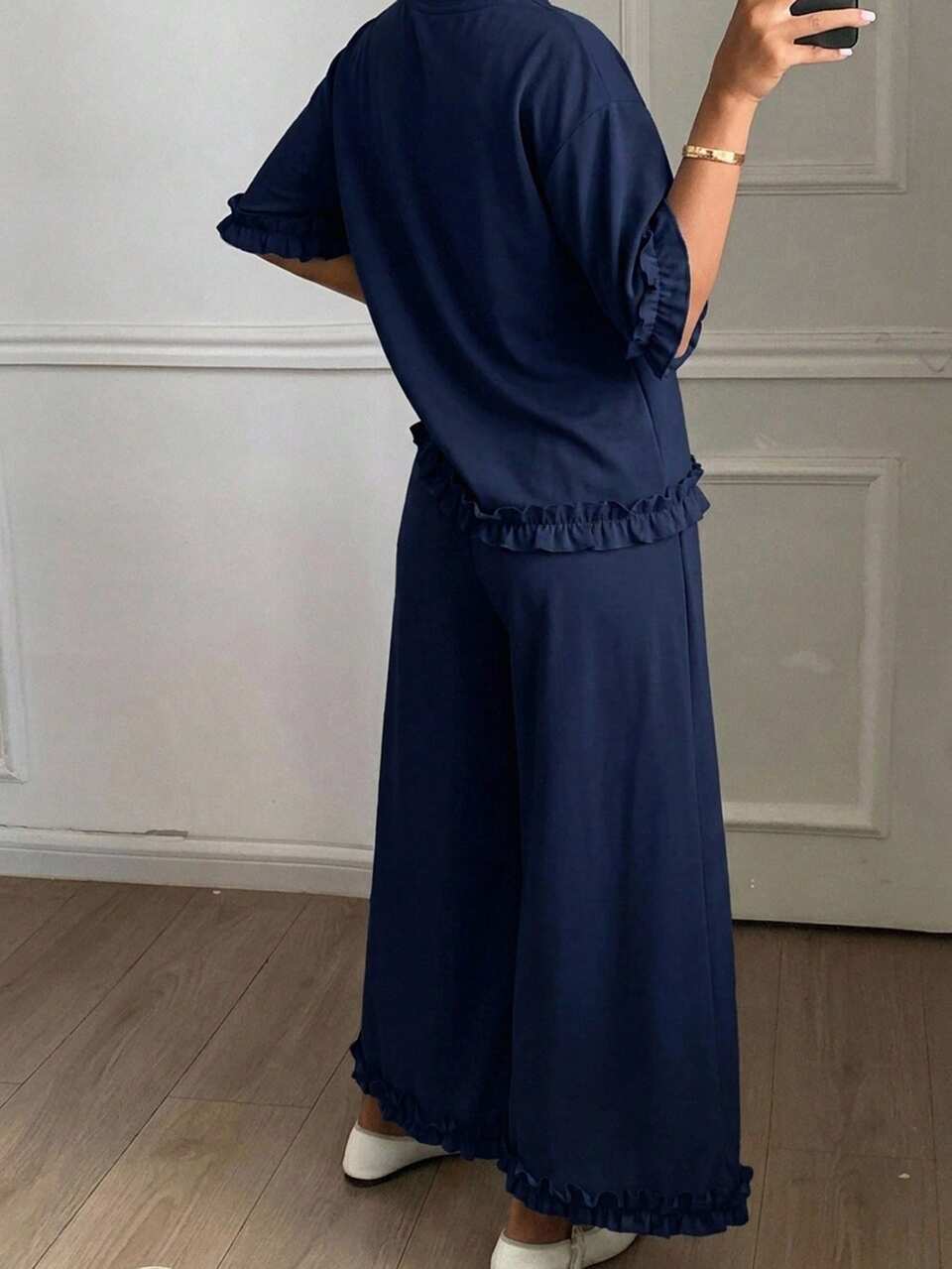 Women's Summer Round Neck Short Sleeve Ruffle Hem Solid Color Loose Casual Top And Wide Leg Long Pants 2 Pieces Set