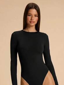 SHEIN BAE 女款素色露背長袖時尚休閒連身衣 - 黑色 - 查看 5
