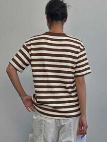 DAZY Casual Sports Summer Top Colorblock Striped Loose Short Sleeve Round Neck Women's T-Shirt - Brown - View 2