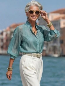 Balvessa 中老年女性夏季長袖鈕扣式荷葉邊領襯衫 - 綠色 - 查看 4