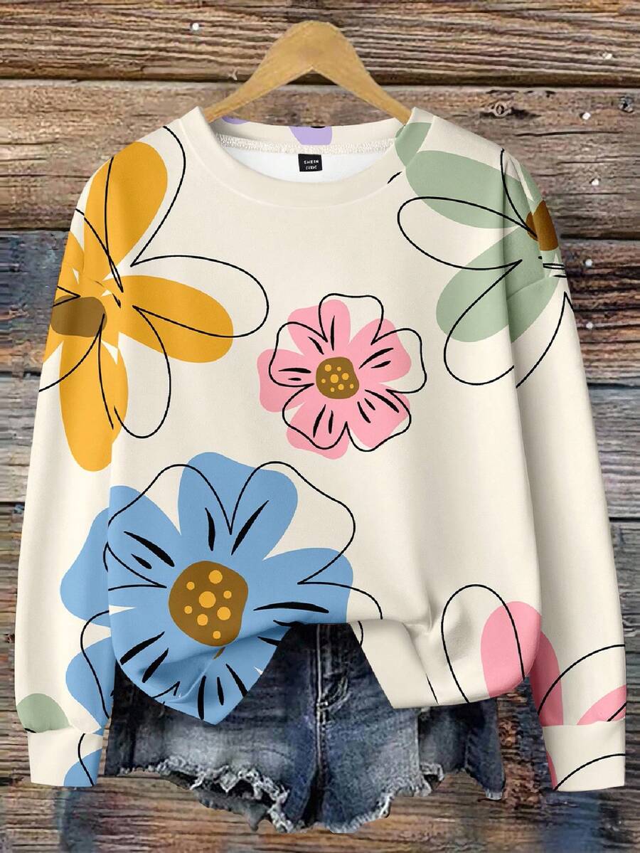 Mellowie Sudadera casual de mujer con estampado floral colorido, cuello redondo y ajuste holgado, adecuada para otoño/invierno - Multicolor - Ver 1