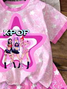 女童休閒卡通女團星星印花 K-Pop 超級巨星 紮染短袖 T 恤與短褲 2 件套，適合夏季 - 彩色 - 查看 6