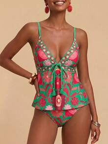 Travachic Women's Summer Beach Floral Print Tankini Set With Camisole Top - Green - View 4