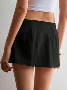 ATUI Studio Women's Solid Color Side Waist Tie Casual Skort Shorts Vacation Plain Black Summer - Black - View 2