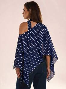 Avenya Polka Dot Asymmetrical Shoulder Chiffon Cape Top - Multicolor - View 2
