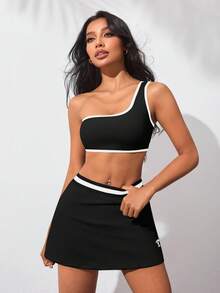 SHEIN Cheerettes 女款拼色單肩上衣與口袋裙褲休閒日常運動套裝 - 黑與白 - 查看 6