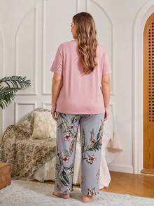 Serenescape Conjunto de pijama de talla grande para mujer con cuello redondo, unicolor y estampado de plantas & pájaros - Multicolor - Ver 2