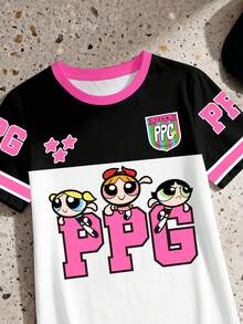 THE POWERPUFF GIRLS X SHEIN GraphicGems 少女休闲日常通勤可爱卡通印花撞色圆领短袖T恤裙，夏季 - 彩色 - 查看 3