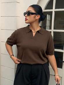 Dazy Plus Fun Commute Color Block Patchwork Polo Collar Casual Short Sleeve Plus Size Women Spring Summer Knit Top - Brown - View 6