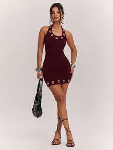SHEIN BAE Women's Casual Sexy Versatile Street Style Metal Eyelet Decor All-Match Camisole Mini Dress Club Night Burgundy Summer - Maroon - View 7