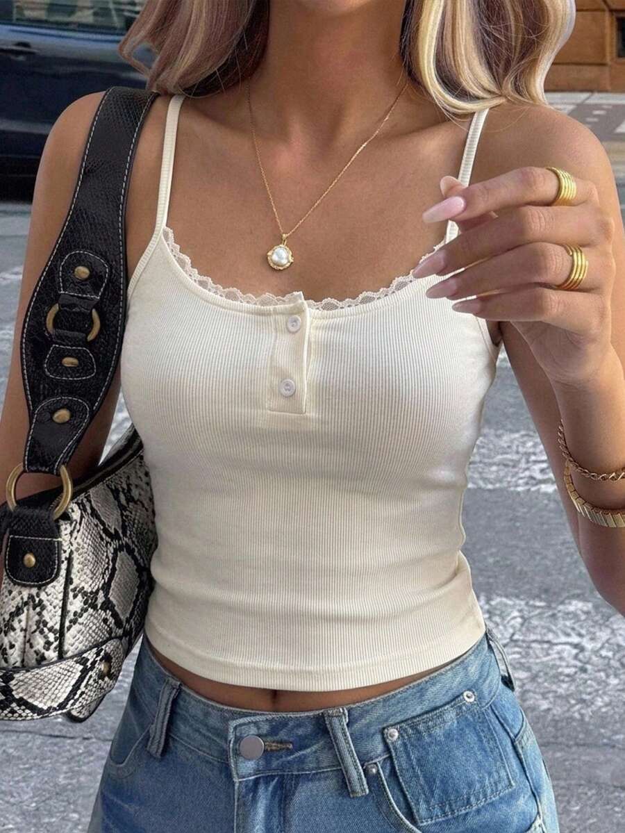 DAZY 女款蕾絲飾邊修身百搭日常外出細肩帶背心上衣 - 白色 - 查看 1