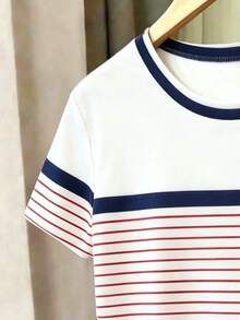 1 Set Tween Girls Casual Comfortable Fashion Minimalist Striped Bow Print T-Shirt And Shorts Outfit, Summer Suitable For Outings, Colorblock Striped Set - Multicolor - View 4