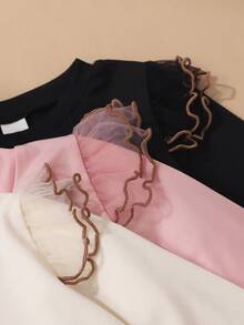 SHEIN 3件組女童秋冬荷葉袖針織雙面Dralon保暖內搭上衣，百搭圓領刺繡愛心長袖T恤 - 彩色 - 查看 5