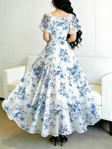 Modelyn 女款大碼鈷藍色玫瑰花卉印花法式風洋裝，時尚方領壓褶設計配飄逸袖，夏季收腰長版洋裝，適合夏季度假與日常穿著 - 彩色 - 查看 2