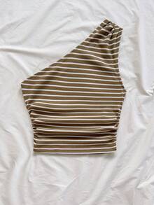 Soleia Top sexy casual de un solo hombro con fruncido y estampado de leopardo - Café integral - Ver 3
