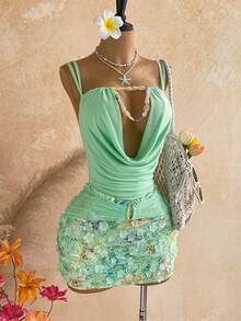 Soleia Women's Applique Pleated Cowl Neck Sexy Tropical Elegant Tropical Date Vacation Night Out Beach Vacation Party Mini Dress Mint Green Summer - Multicolor - View 4