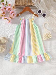 SHEIN Genkimix Kids Mädchen 4-7 Jahre alt gewebter Stoff bunter roter gestreifter digitaler Muster Saum Patchwork Rüschenbesatz Trägerkleid, süße 3D Blumen Dekoration, geeignet für Sommer Alltagskleidung, Ausflüge, Strandurlaub, Rüschen A-Linie Sommerkleid, Schwestern Treffen Anlässe - Verschiedenfarbig - Übersicht 2