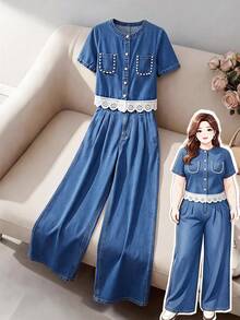 GlowEve CURVE Plus Size Women's Contrast Lace Short Sleeve Shirt And Casual Decent Denim Pants 2 Pieces Set Formal Brunch Light Blue Dusty Blue Summer - Blue - View 1