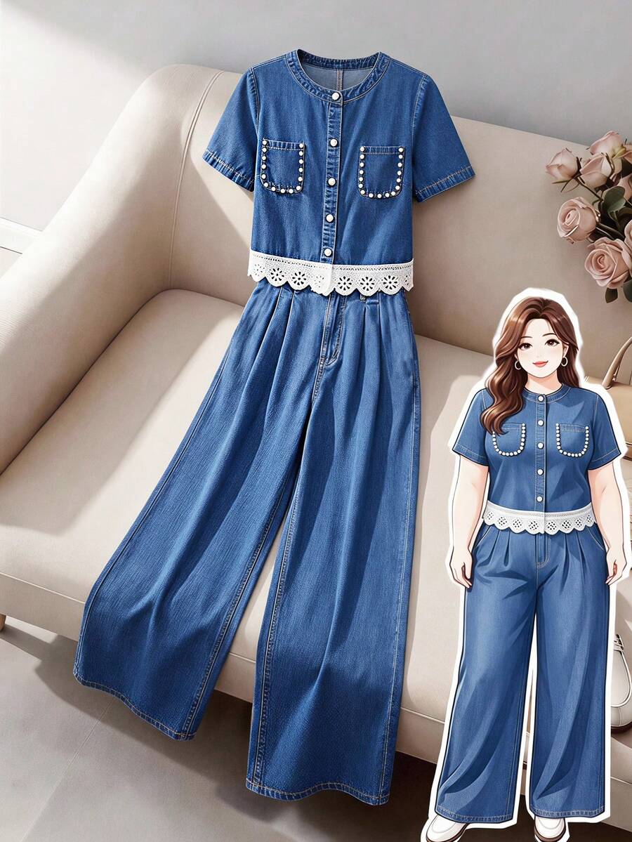 GlowEve CURVE Plus Size Women's Contrast Lace Short Sleeve Shirt And Casual Decent Denim Pants 2 Pieces Set Formal Brunch Light Blue Dusty Blue Summer - Blue - View 1