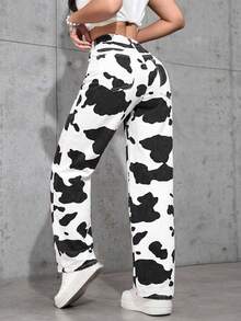 SHEIN PETITE Contrast Color Cow Print Straight Loose Jeans With Belt Loops - Multicolor - View 2