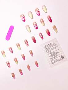 24 Peças Unhas Postiças Francesas Amêndoa Oceano Flor 3D Concha, Unhas Postiças Doces com Cola de Gelatina & Lixa, Visual Romântico para Encontros Diários - Multicolorido - Visão 2