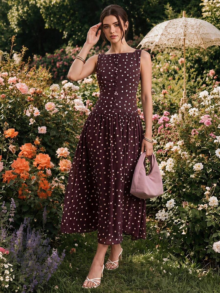 SHEIN 圓點船領喇叭裙簡約休閒日常度假洋裝