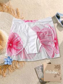 SHEIN 少女花卉印花掛脖式泳衣套裝，適合海灘度假 - 彩色 - 查看 3