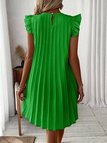 EMERY ROSE Women's Solid Color Round Neck Flutter Sleeve Pleated Casual Vacation Dress - Green - View 2