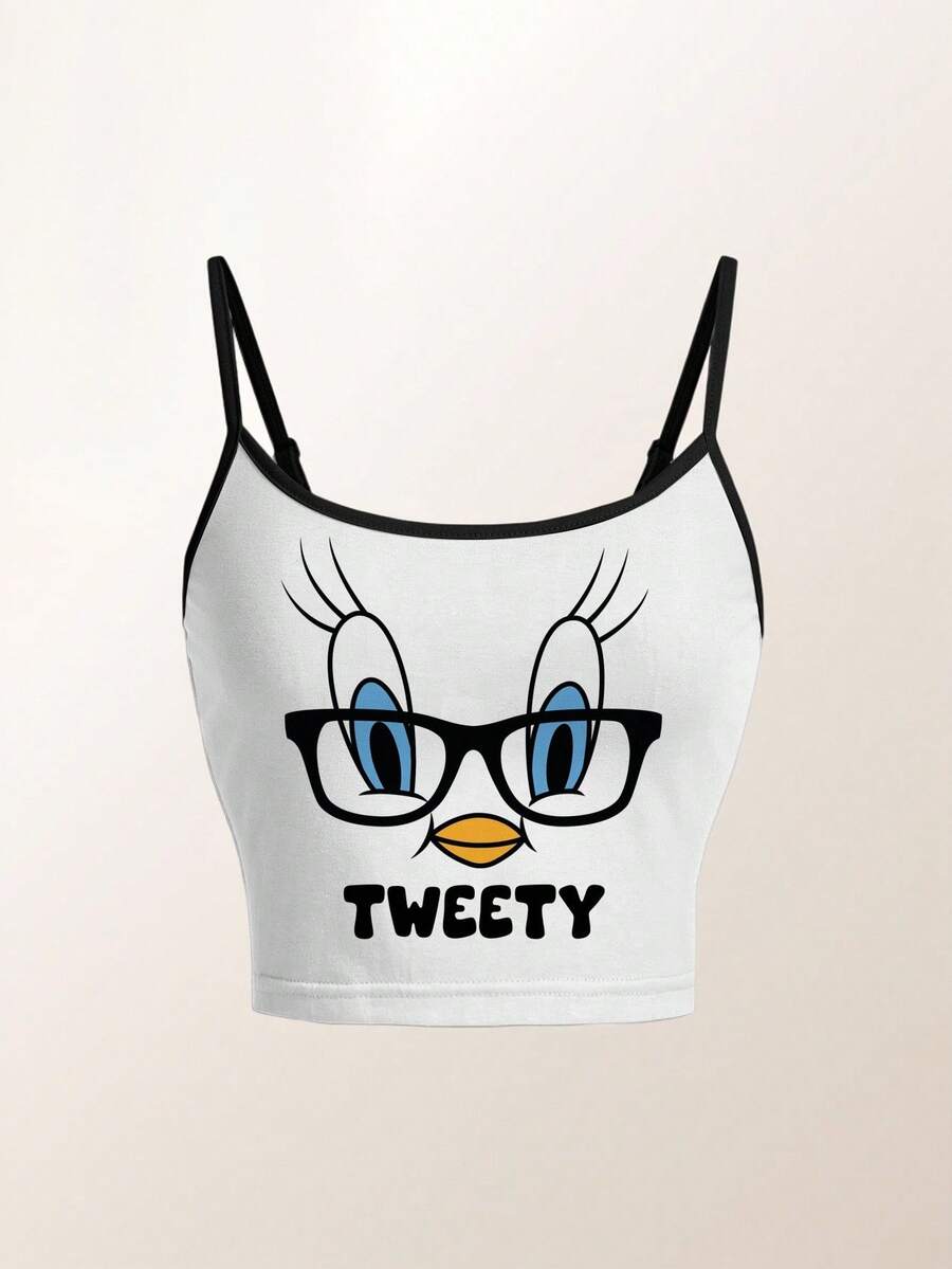 LOONEY TUNES X SHEIN 女士卡通印花吊带背心 - 白色 - 查看 1