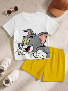 TOM & JERRY X SHEIN GraphicGems 2件套男童休闲可爱卡通印花夏季针织圆领短袖T恤和配套短裤，适合夏季穿着 - 彩色 - 查看 2